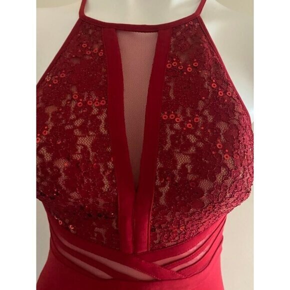 Morgan & Co Red Lace Halter Maxi‎ Dress Size 3 – Open Back Formal Gown - Picture 10 of 12